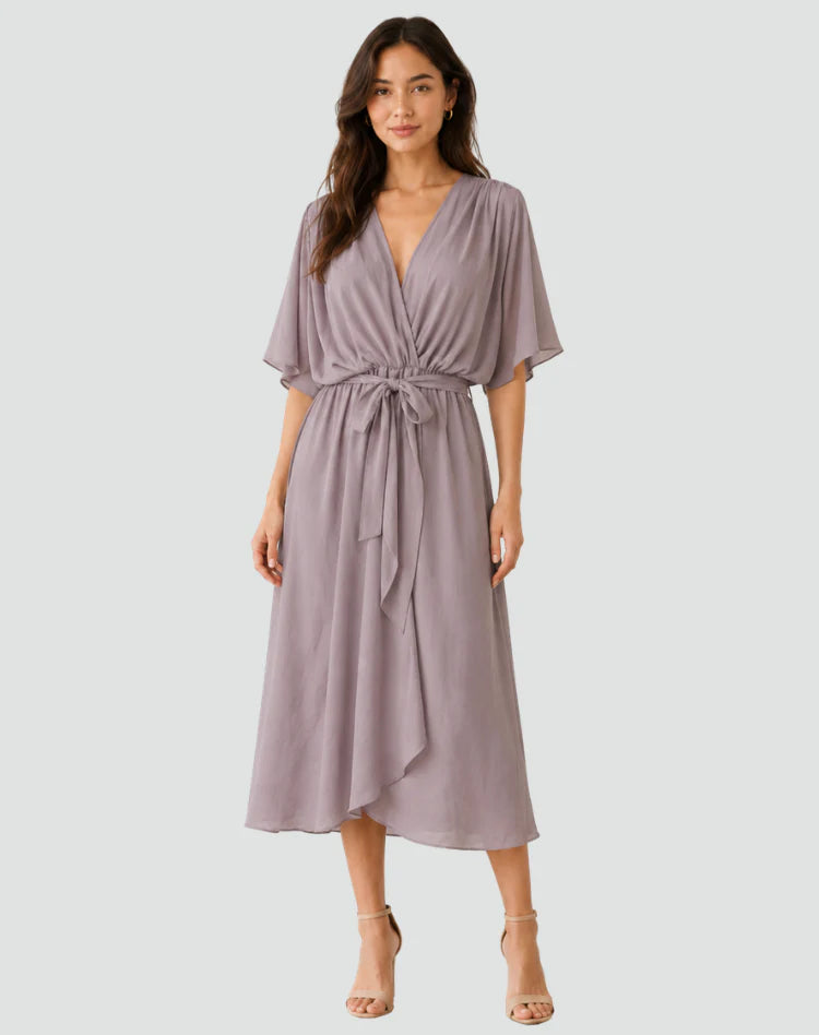 Alberta | Women's Draped Tie Waist V Neck Flowy Midi Dress