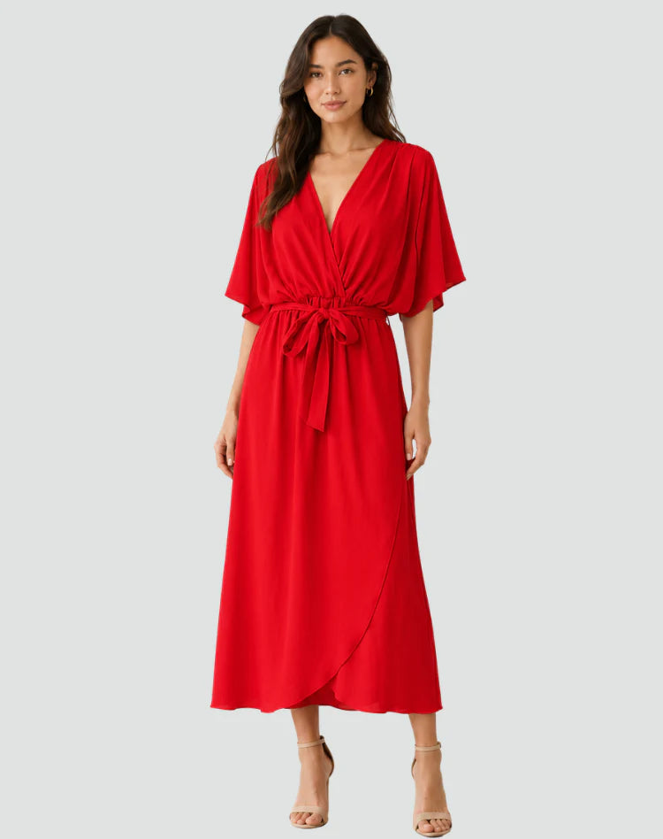 Alberta | Women's Draped Tie Waist V Neck Flowy Midi Dress