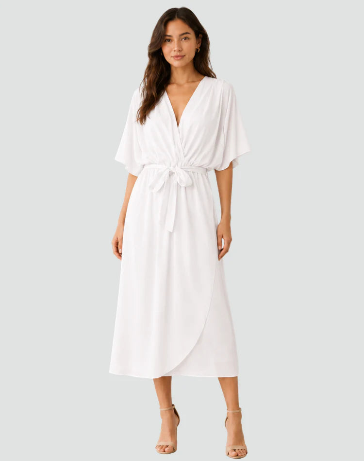 Alberta | Women's Draped Tie Waist V Neck Flowy Midi Dress
