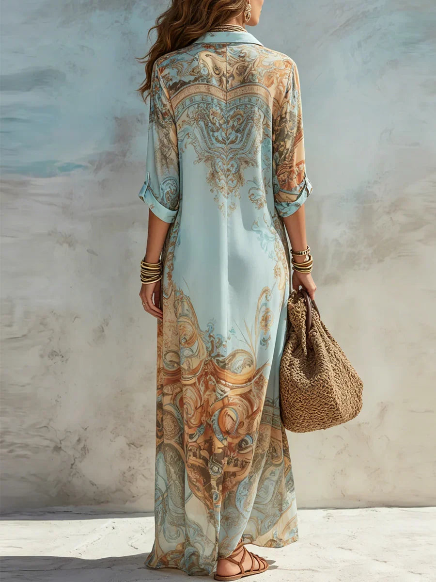 Albina | Women’s Printed Button Front Collared Flowy Maxi Dress