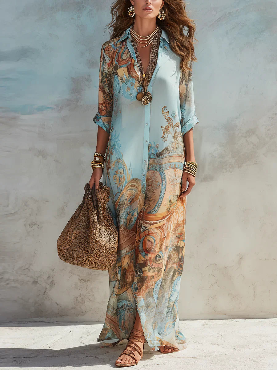 Albina | Women’s Printed Button Front Collared Flowy Maxi Dress
