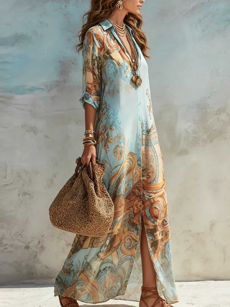 Albina | Women’s Printed Button Front Collared Flowy Maxi Dress