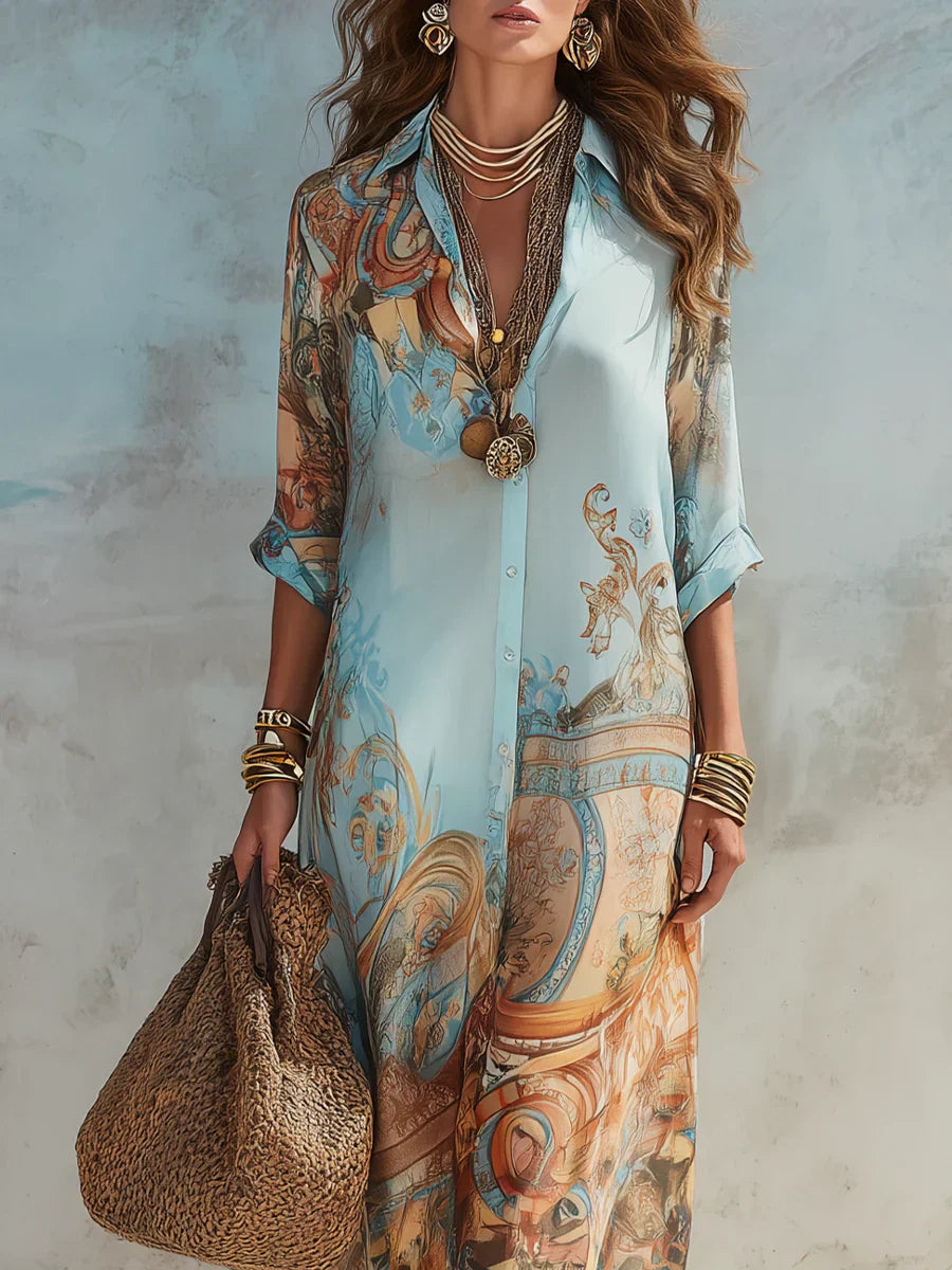 Albina | Women’s Printed Button Front Collared Flowy Maxi Dress
