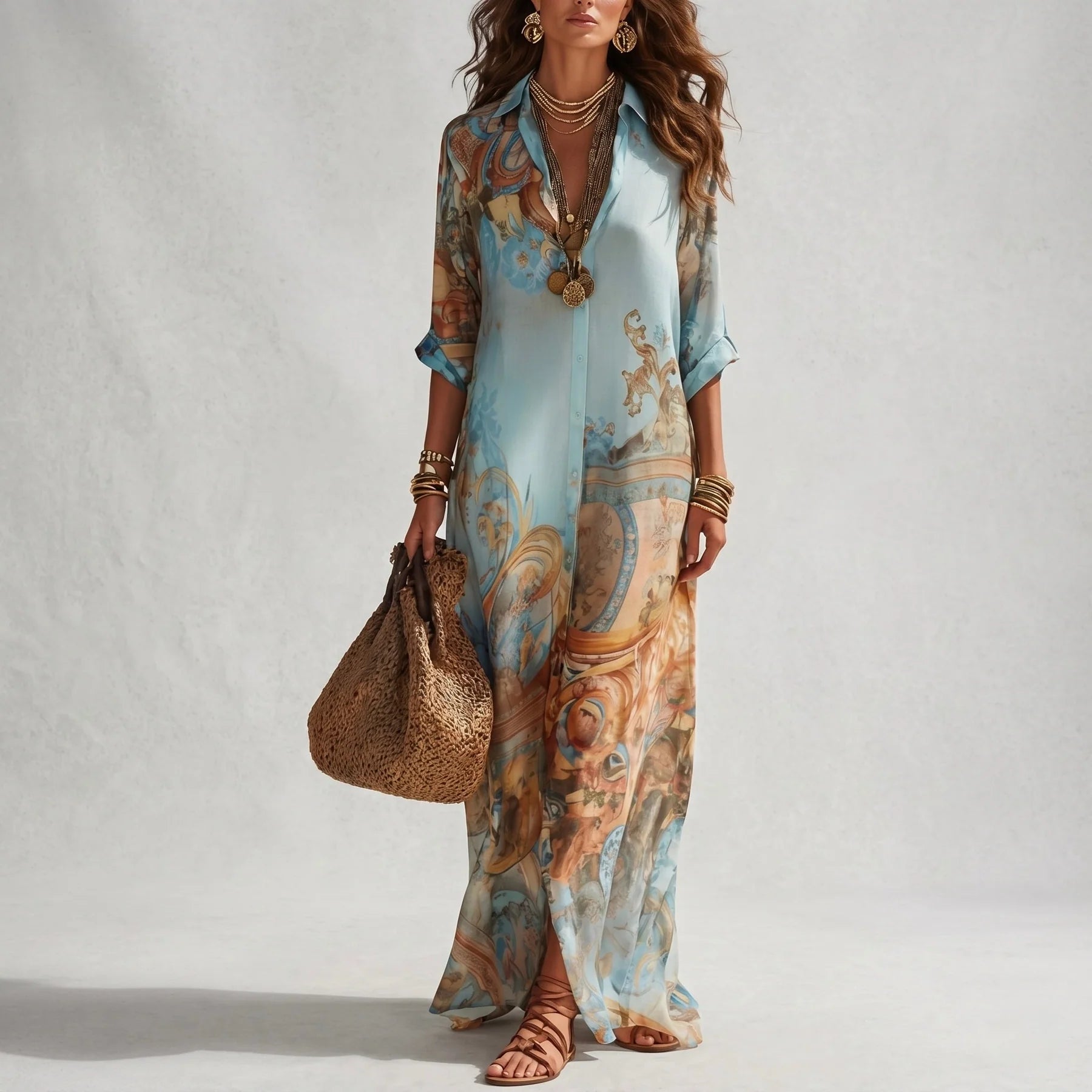 Albina | Women’s Printed Button Front Collared Flowy Maxi Dress