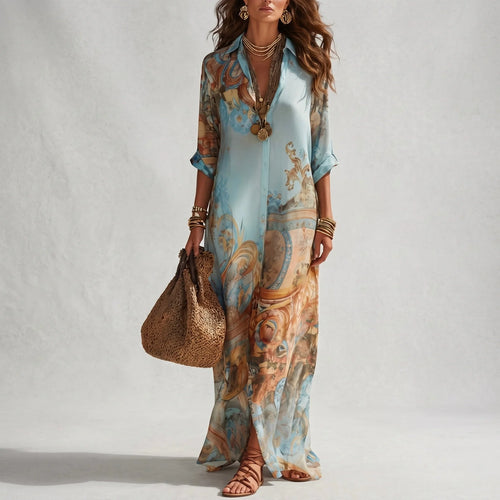 Albina | Women’s Printed Button Front Collared Flowy Maxi Dress