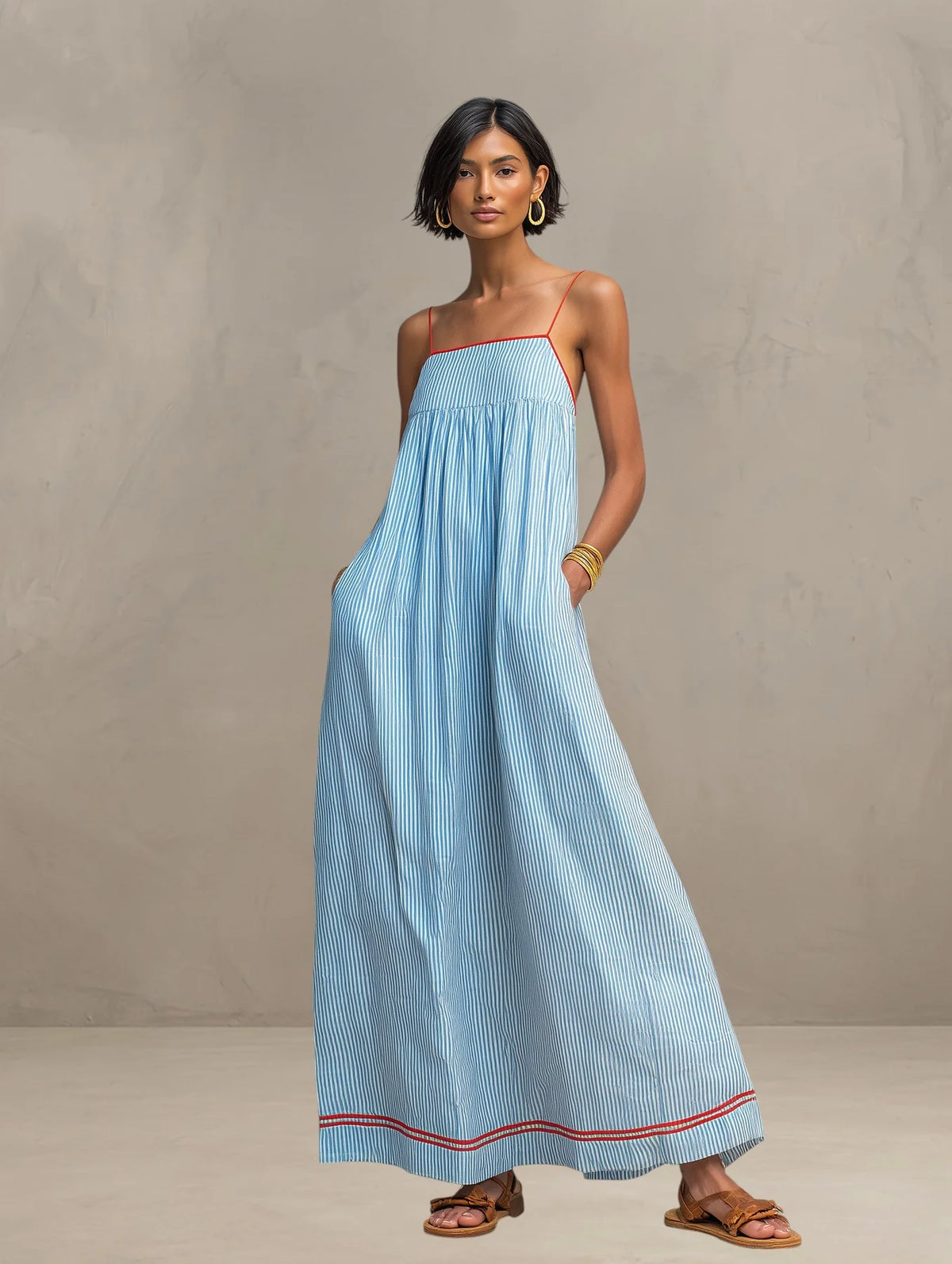 Aldona | Women’s Striped Square Neck Strappy Flowy Maxi Dress