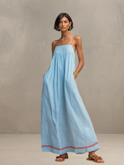 Aldona | Women’s Striped Square Neck Strappy Flowy Maxi Dress