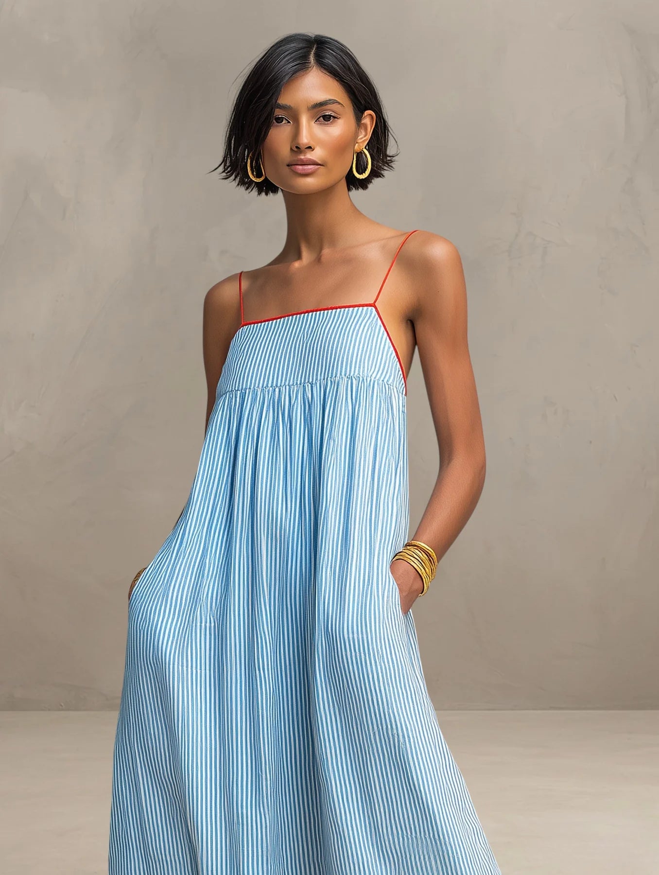 Aldona | Women’s Striped Square Neck Strappy Flowy Maxi Dress