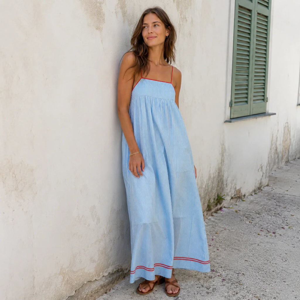 Aldona | Women’s Striped Square Neck Strappy Flowy Maxi Dress