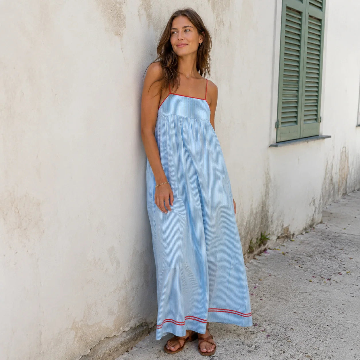 Aldona | Women’s Striped Square Neck Strappy Flowy Maxi Dress