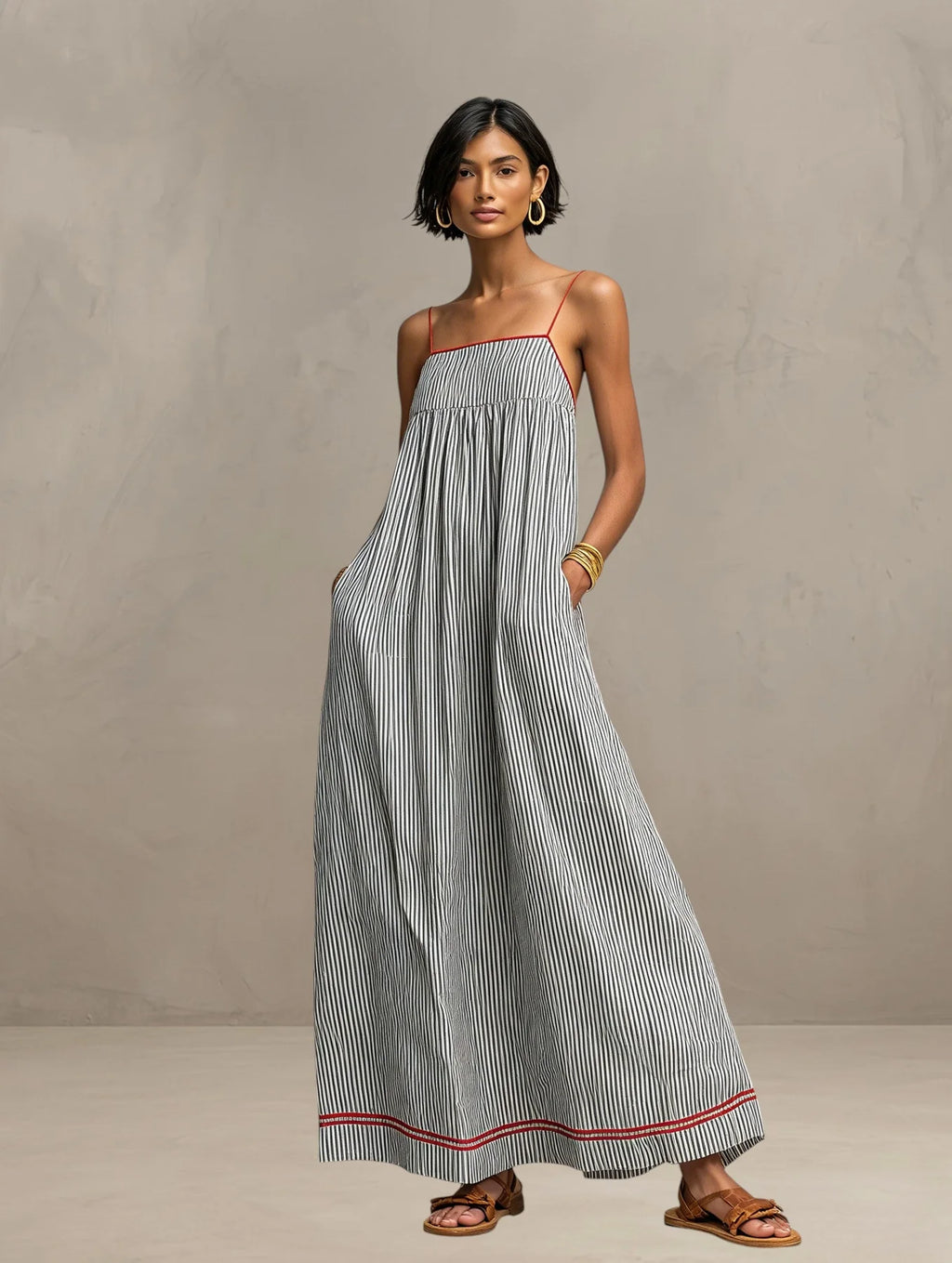 Aldona | Women’s Striped Square Neck Strappy Flowy Maxi Dress