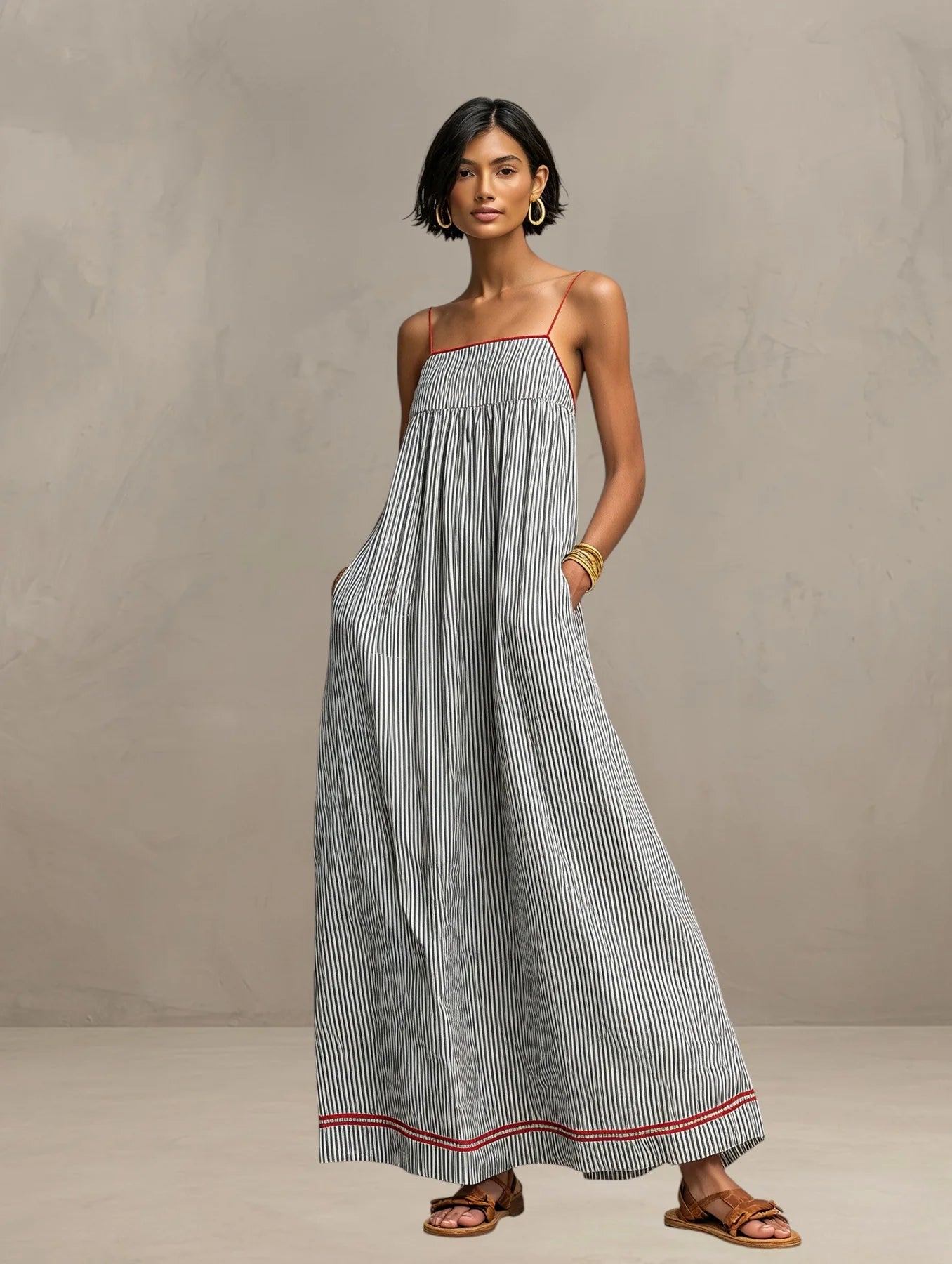 Aldona | Women’s Striped Square Neck Strappy Flowy Maxi Dress
