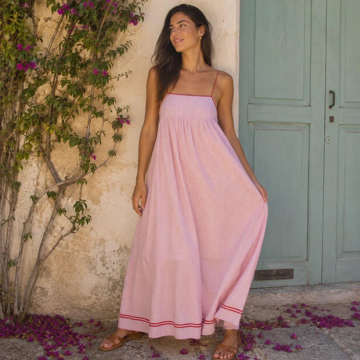 Aldona | Women’s Striped Square Neck Strappy Flowy Maxi Dress