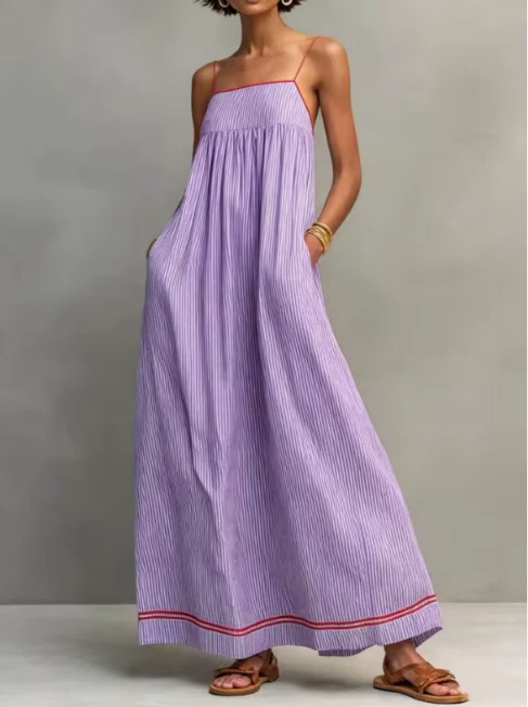 Aldona | Women’s Striped Square Neck Strappy Flowy Maxi Dress
