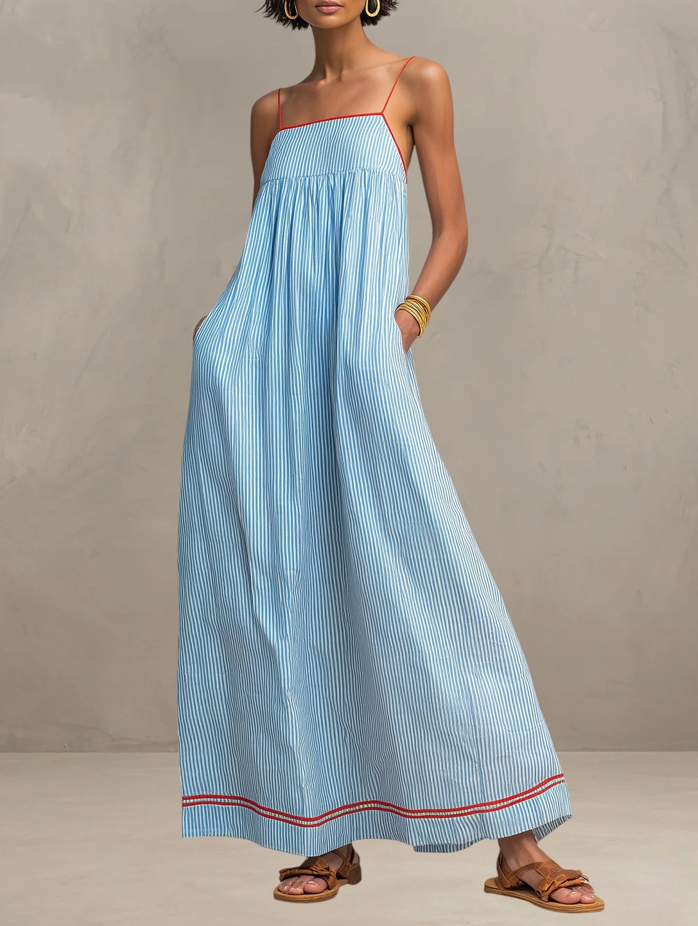 Aldona | Women’s Striped Square Neck Strappy Flowy Maxi Dress