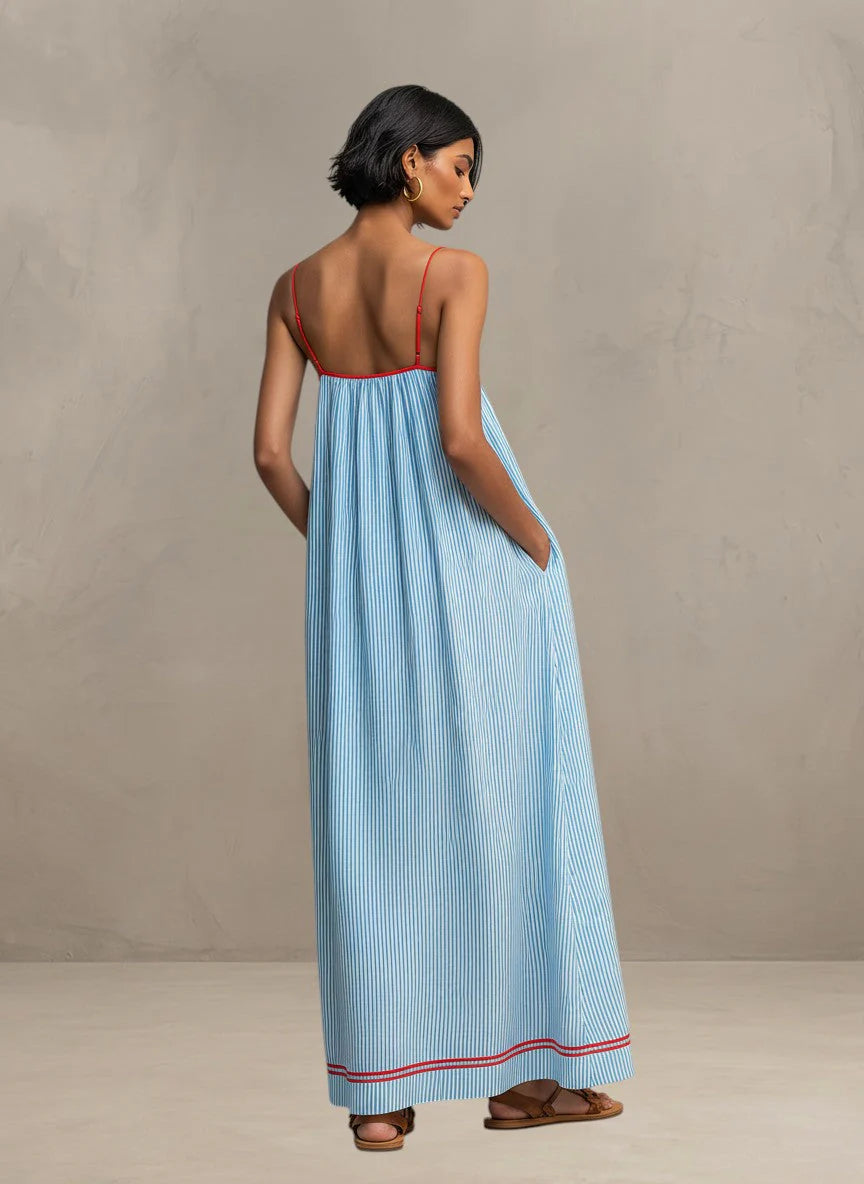 Aldona | Women’s Striped Square Neck Strappy Flowy Maxi Dress