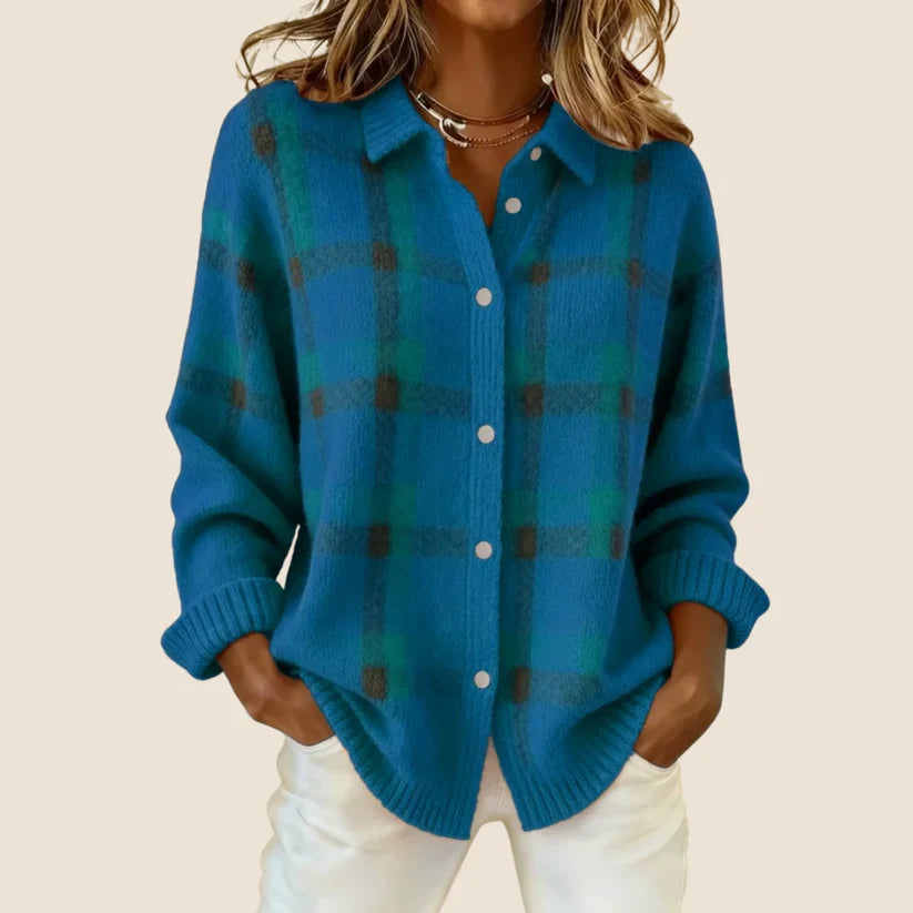 Aleah | Women’s Checkered Button Front Long Sleeve Sweater