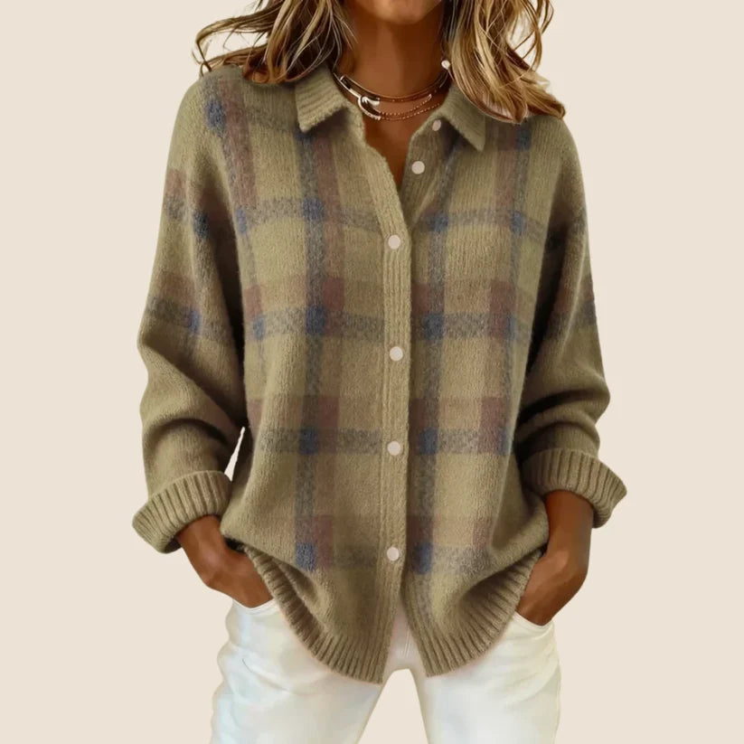 Aleah | Women’s Checkered Button Front Long Sleeve Sweater