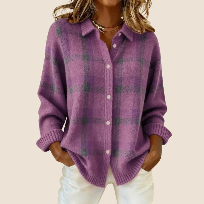 Aleah | Women’s Checkered Button Front Long Sleeve Sweater