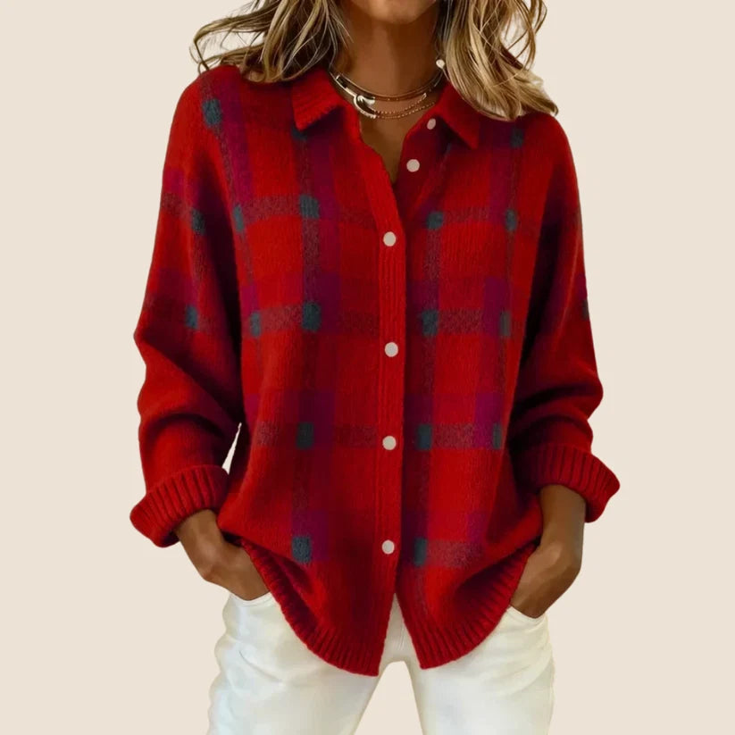 Aleah | Women’s Checkered Button Front Long Sleeve Sweater