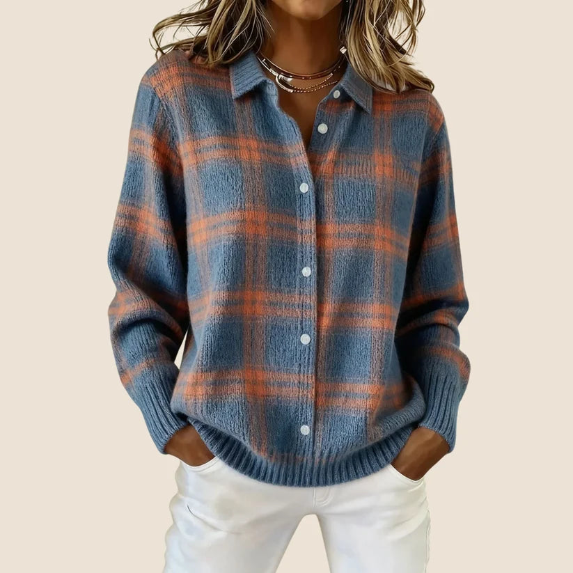 Aleah | Women’s Checkered Button Front Long Sleeve Sweater