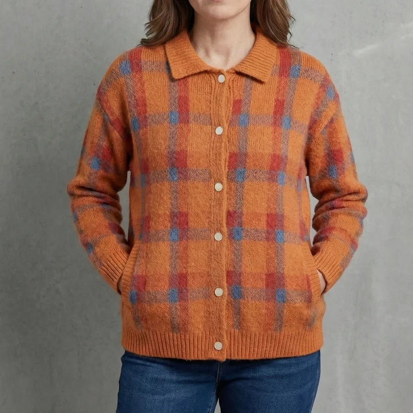 Aleah | Women’s Checkered Button Front Long Sleeve Sweater