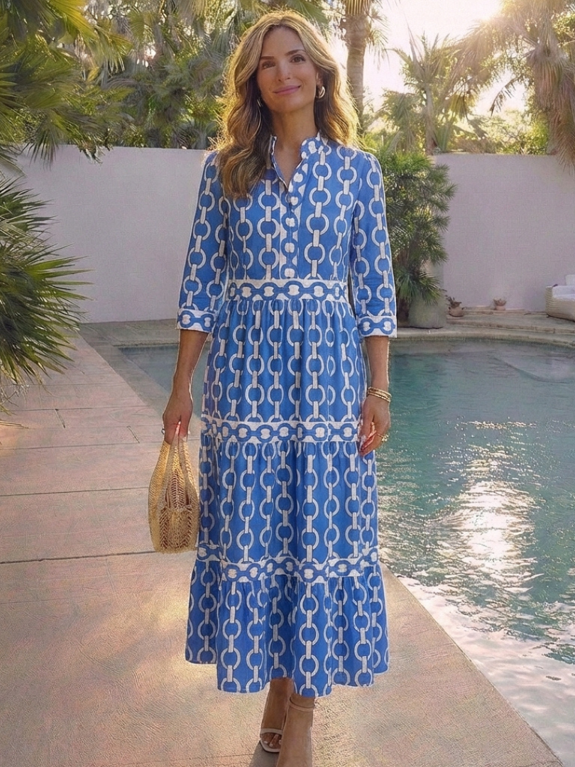 Alecia | Women’s Printed Summer Midi Dress With Waist Seam
