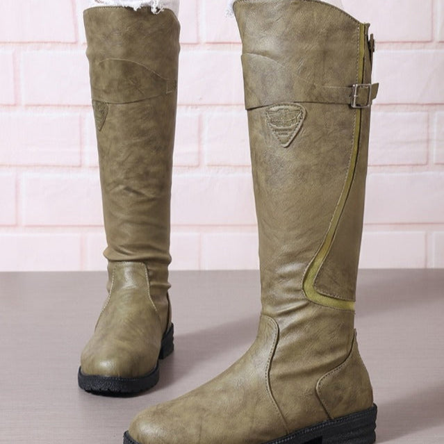 Aleena | Women's Adjustable Buckle Closed Toe Knee Length Boots