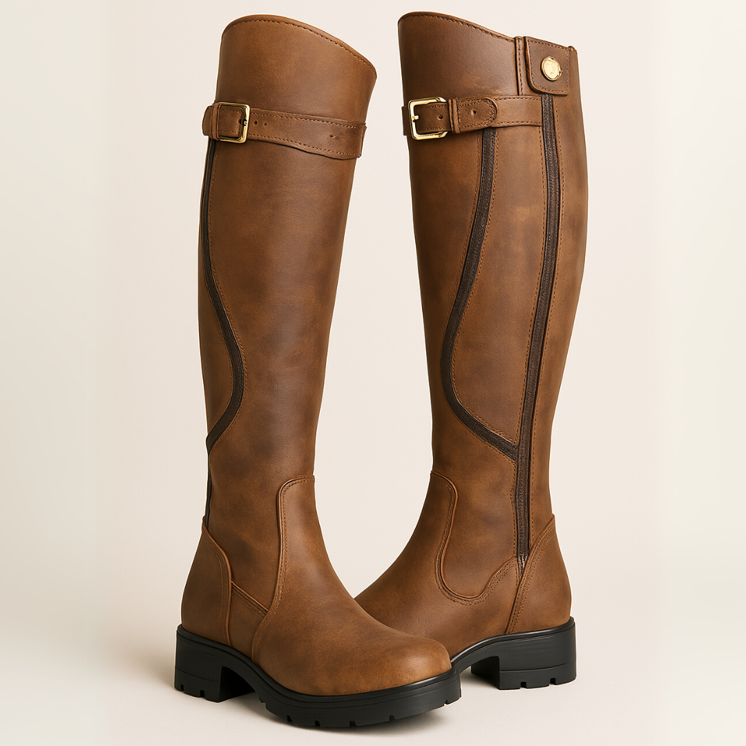 Aleena | Women's Adjustable Buckle Closed Toe Knee Length Boots