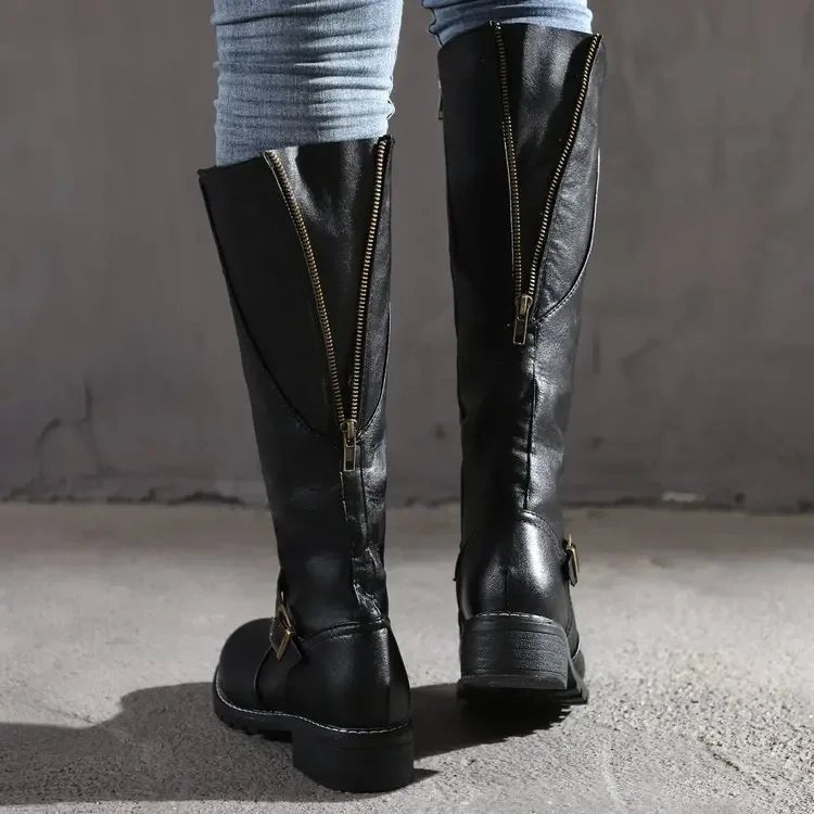 Aleenah | Women's Buckle Strap Side Zip Knee High Boots