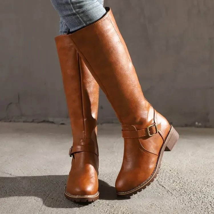 Aleenah | Women's Buckle Strap Side Zip Knee High Boots