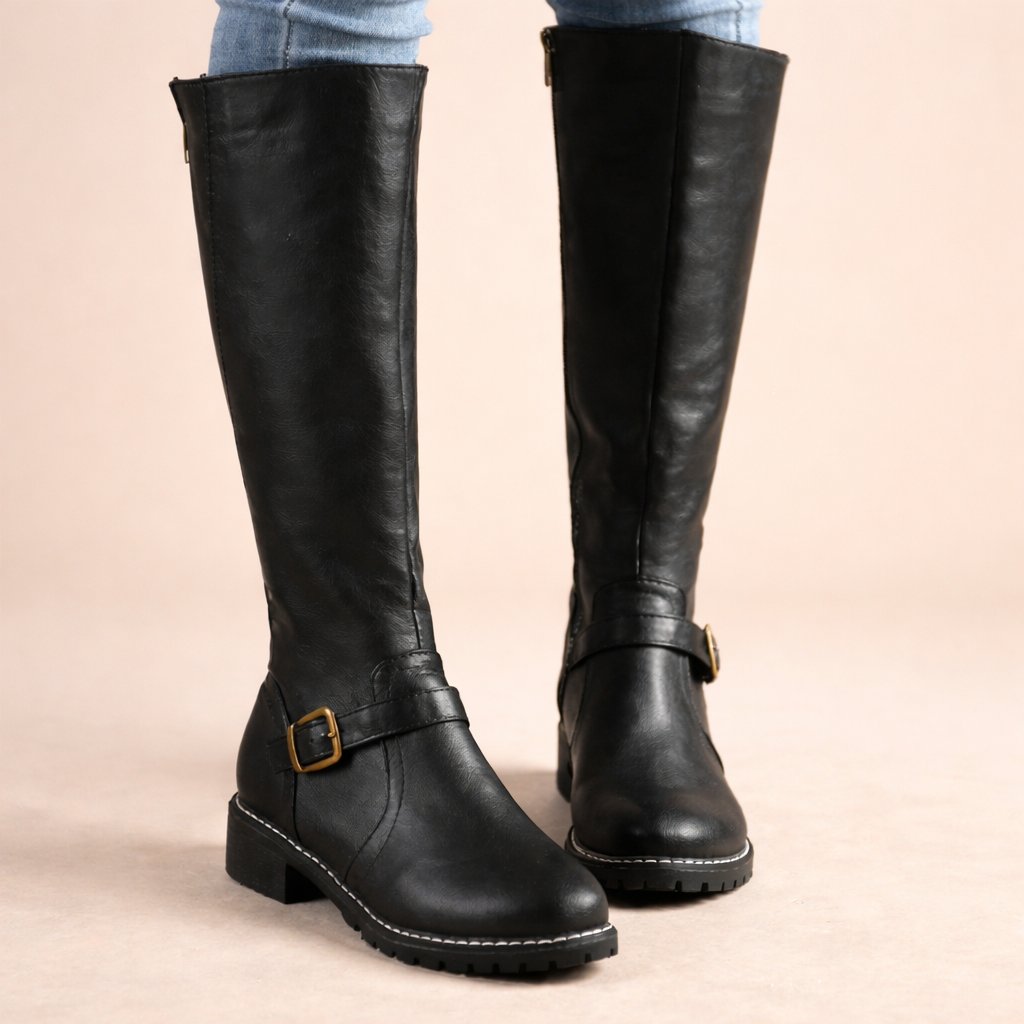 Aleenah | Women's Buckle Strap Side Zip Knee High Boots