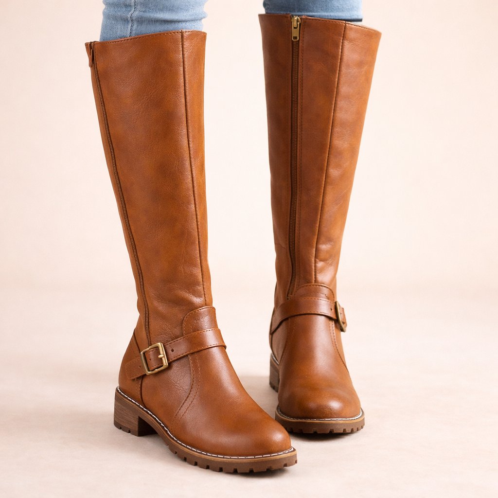 Aleenah | Women's Buckle Strap Side Zip Knee High Boots