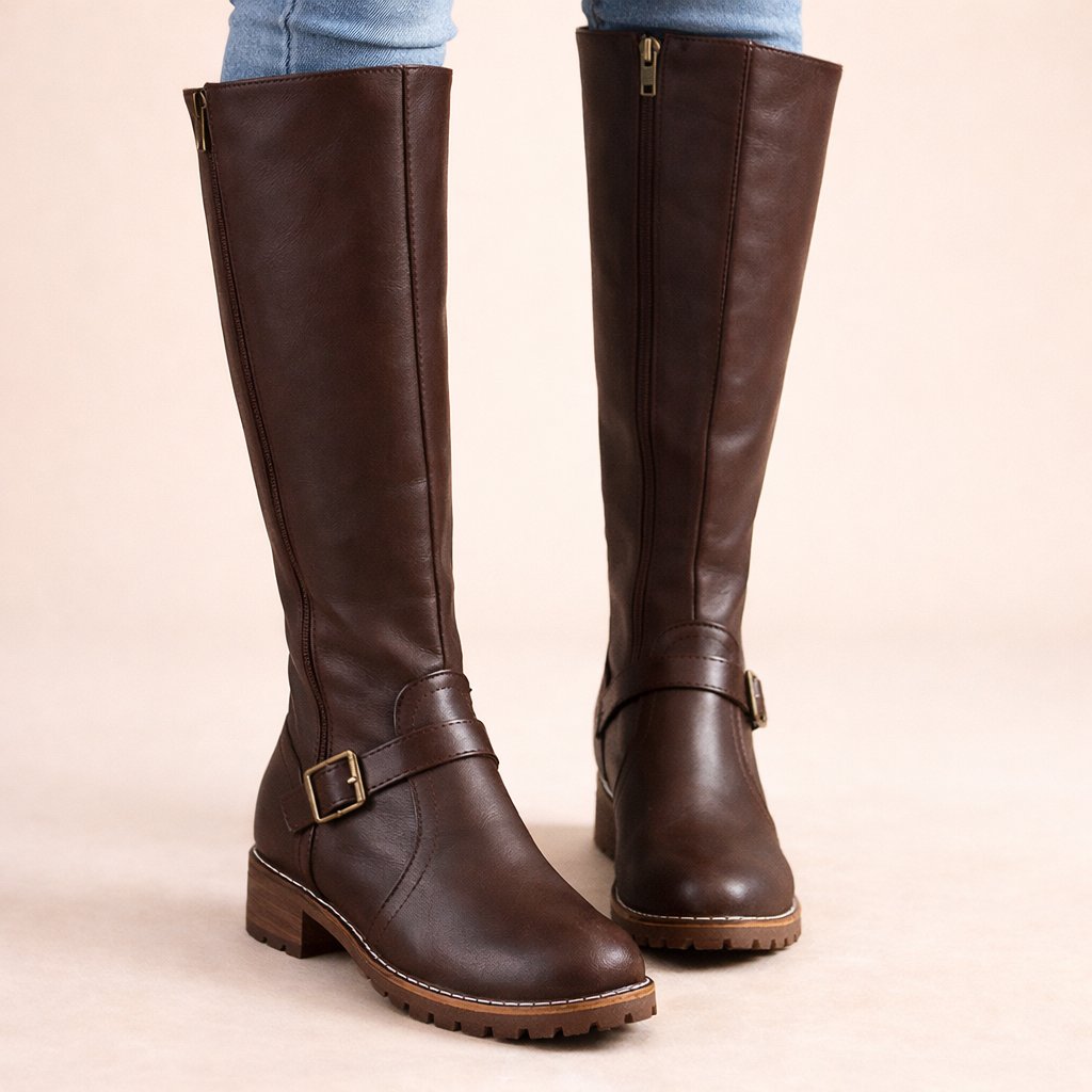 Aleenah | Women's Buckle Strap Side Zip Knee High Boots