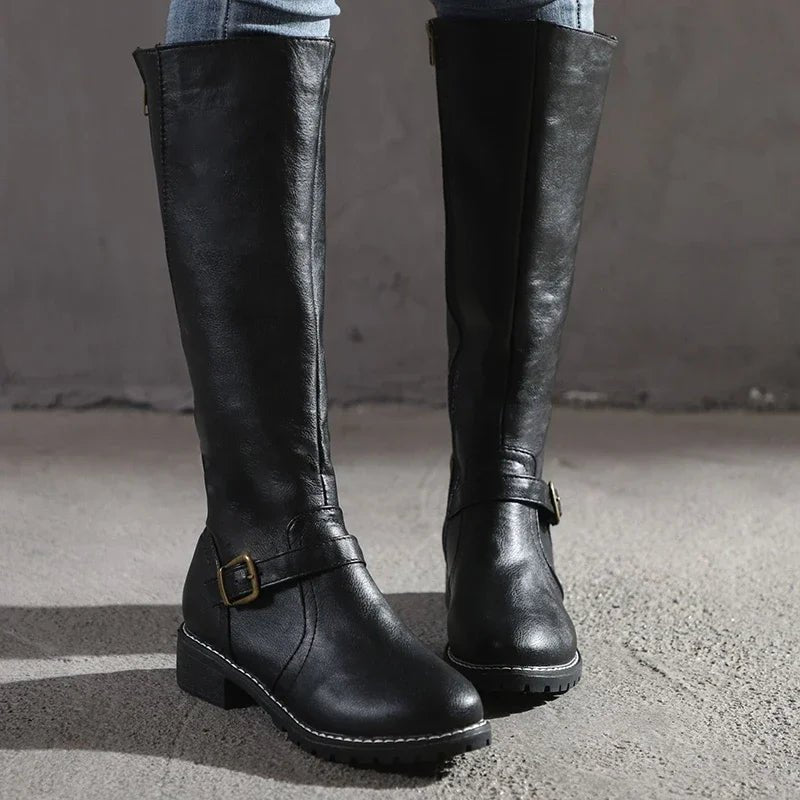 Aleenah | Women's Buckle Strap Side Zip Knee High Boots