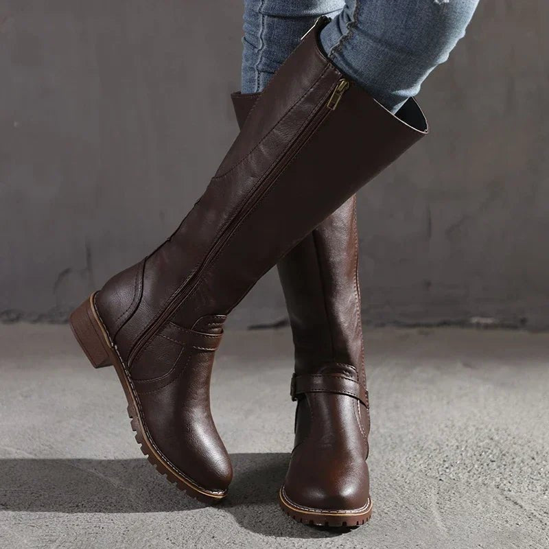 Aleenah | Women's Buckle Strap Side Zip Knee High Boots