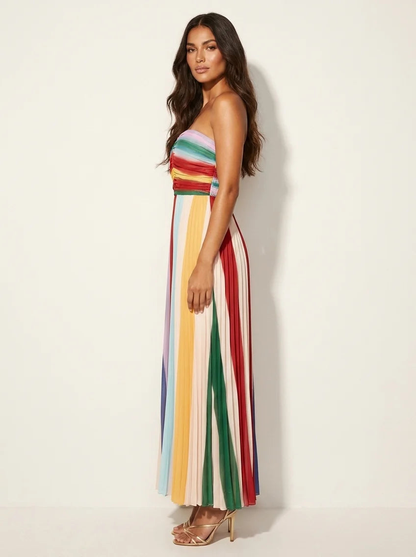 Aleira | Women’s Pleated Strapless Open Back Flowy Maxi Dress
