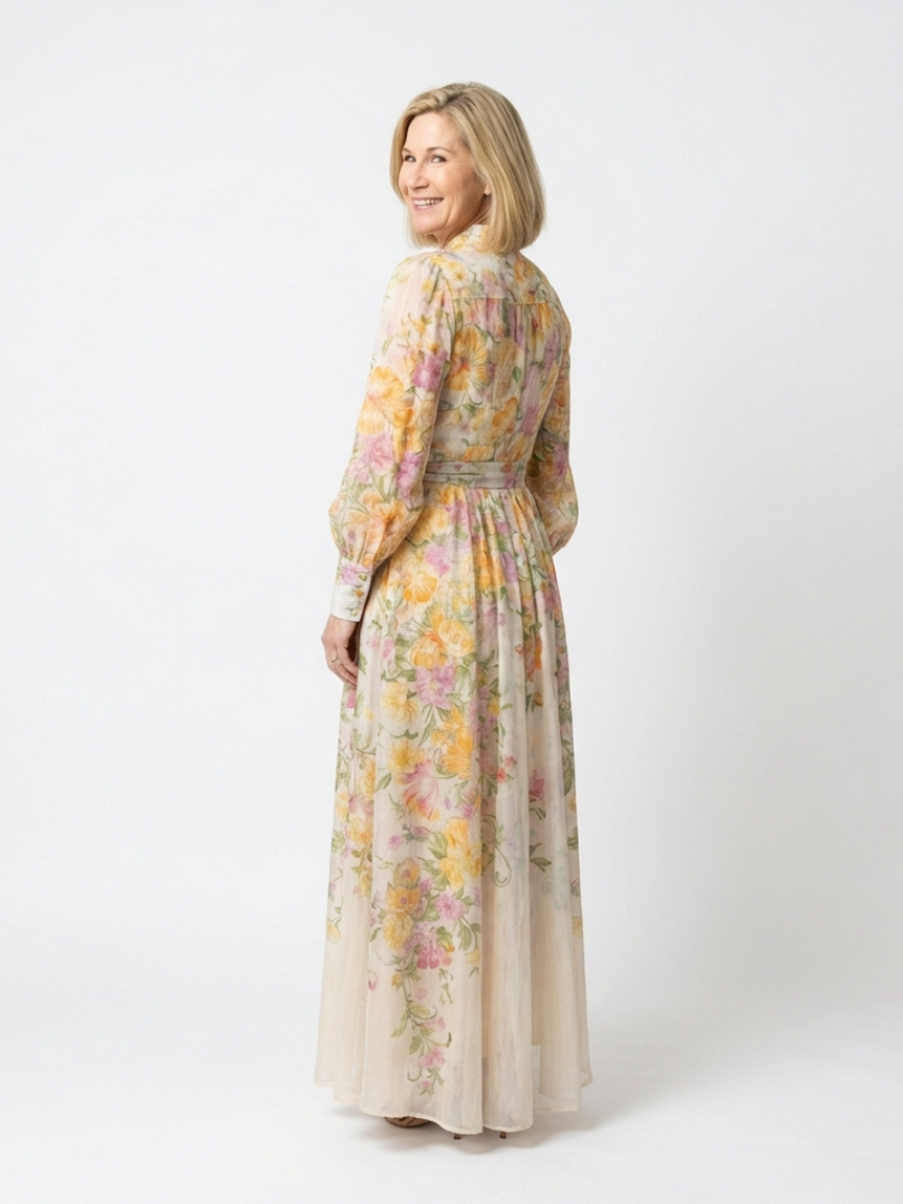 Alena | Women’s Long Sleeve Floral Maxi Dress With Waist Tie