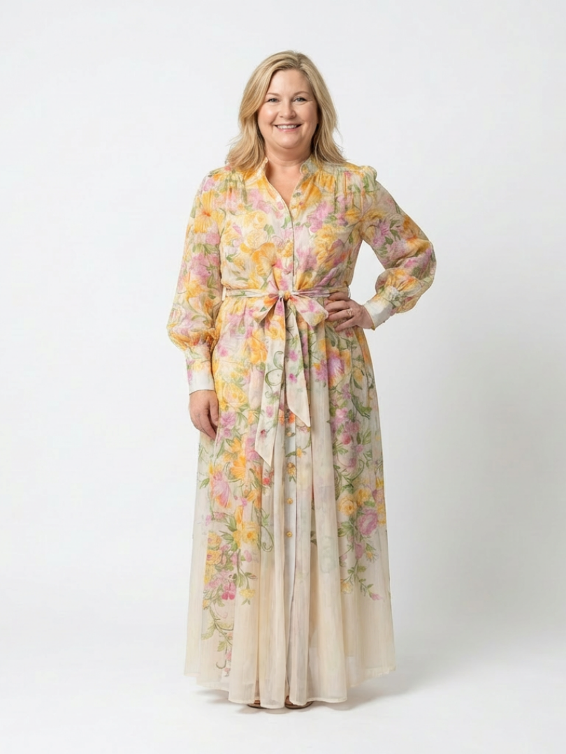 Alena | Women’s Long Sleeve Floral Maxi Dress With Waist Tie