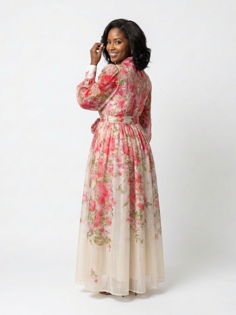 Alena | Women’s Long Sleeve Floral Maxi Dress With Waist Tie