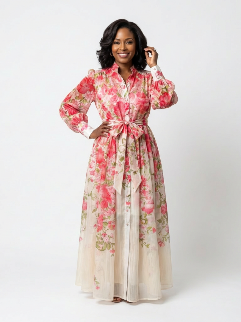 Alena | Women’s Long Sleeve Floral Maxi Dress With Waist Tie