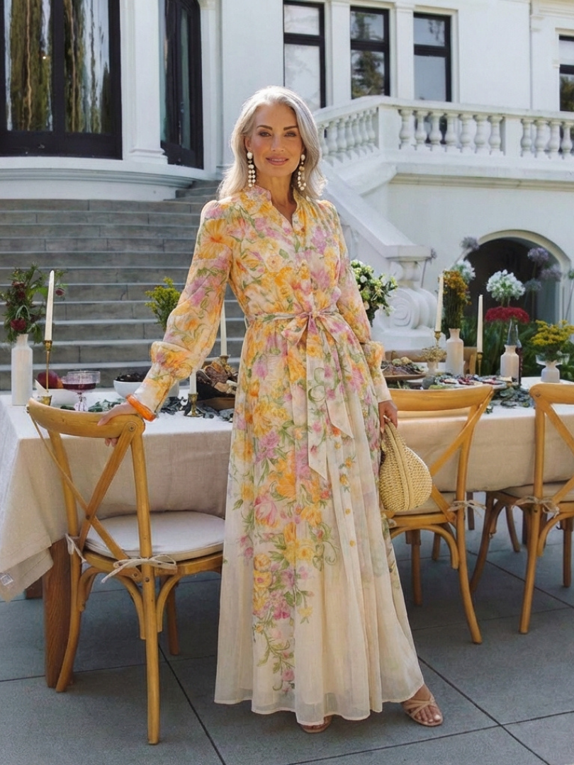 Alena | Women’s Long Sleeve Floral Maxi Dress With Waist Tie