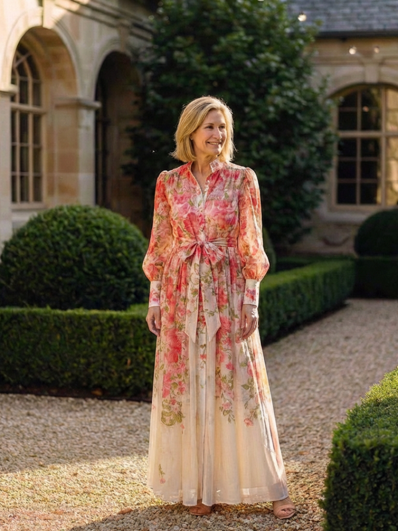 Alena | Women’s Long Sleeve Floral Maxi Dress With Waist Tie