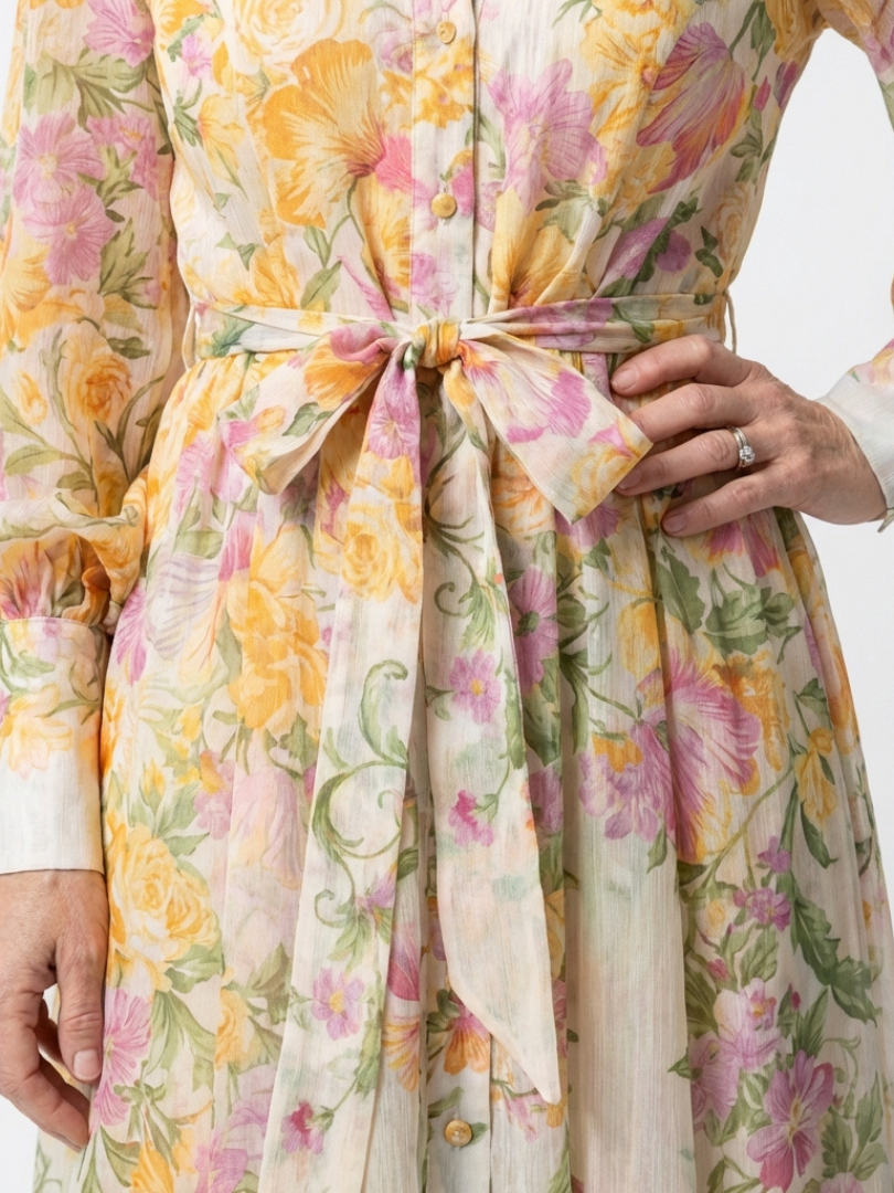 Alena | Women’s Long Sleeve Floral Maxi Dress With Waist Tie