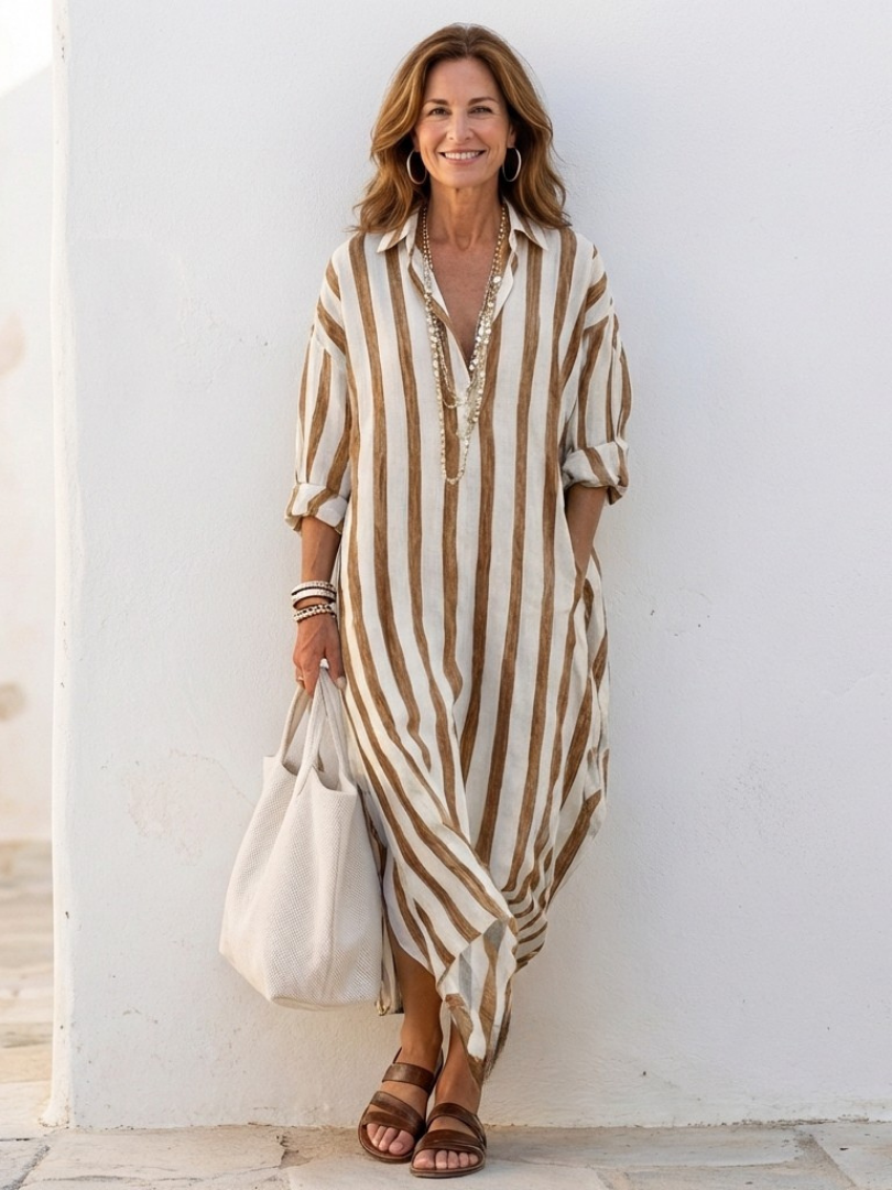 Alesha | Women’s Striped V Neck Long Sleeve Midi Dress