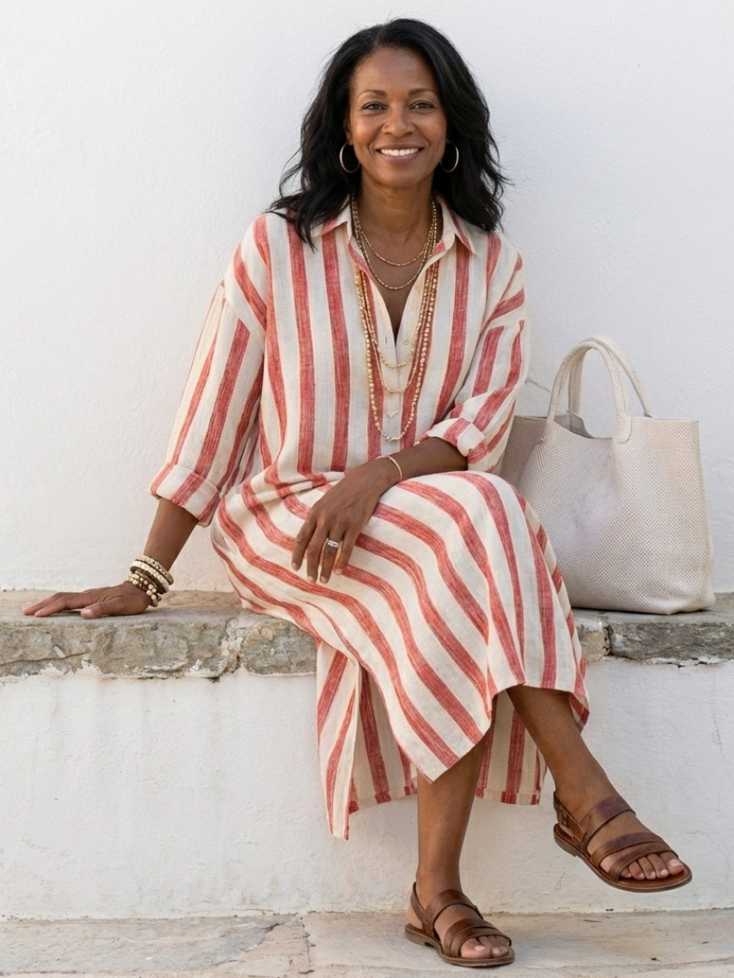 Alesha | Women’s Striped V Neck Long Sleeve Midi Dress