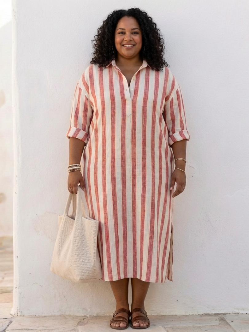 Alesha | Women’s Striped V Neck Long Sleeve Midi Dress