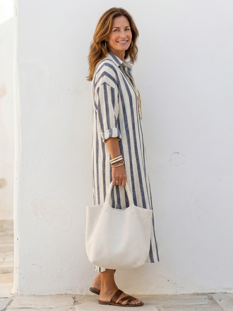 Alesha | Women’s Striped V Neck Long Sleeve Midi Dress