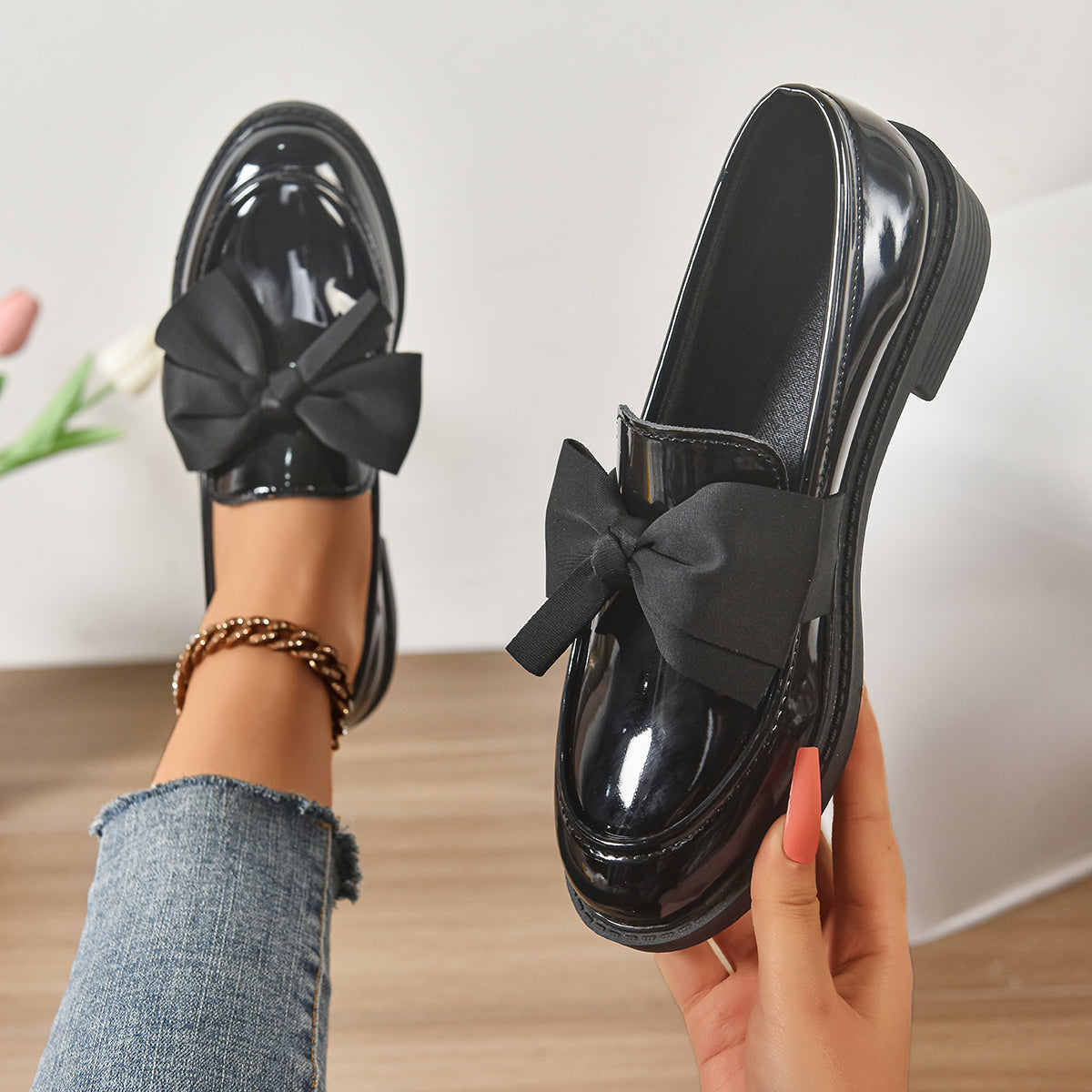 Alesia | Women’s Low Block Heel Bow Detail Ballet Flats