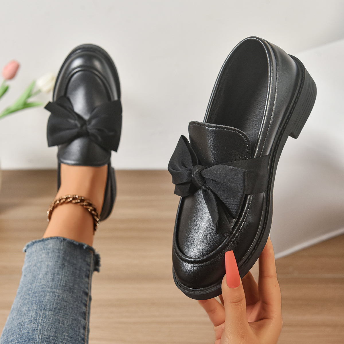 Alesia | Women’s Low Block Heel Bow Detail Ballet Flats